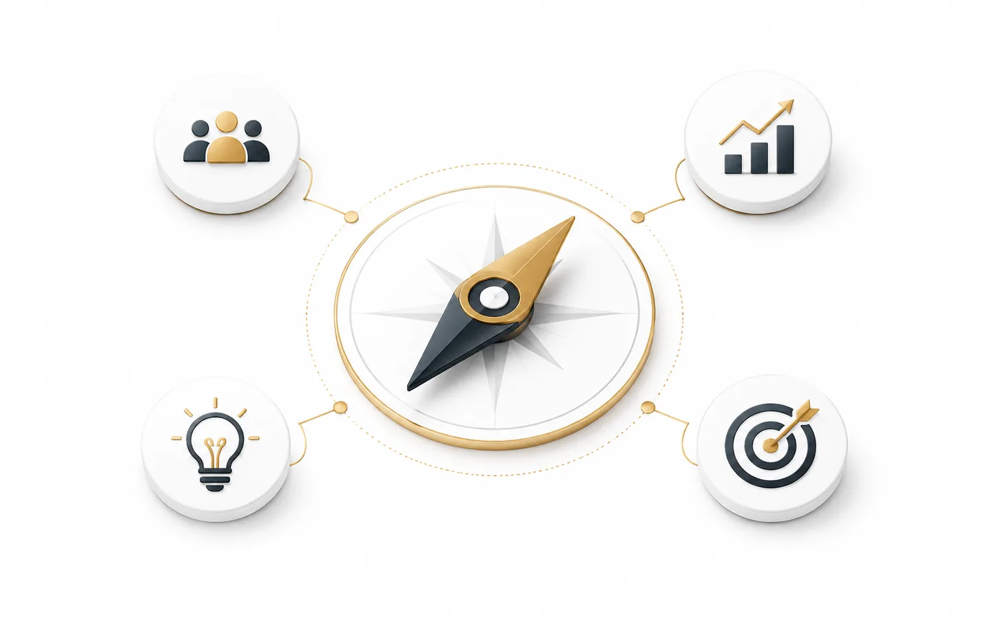 Compass surrounded by icons for people, growth, ideas and targets, representing business strategy