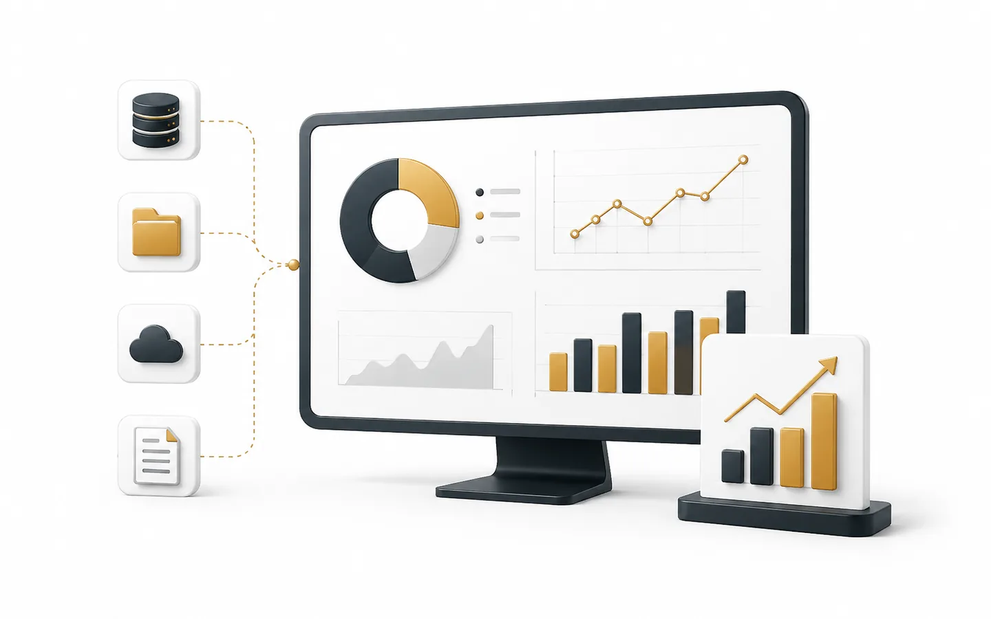 Monitor displaying an analytics dashboard with donut, bar and line charts, fed by connected data sources