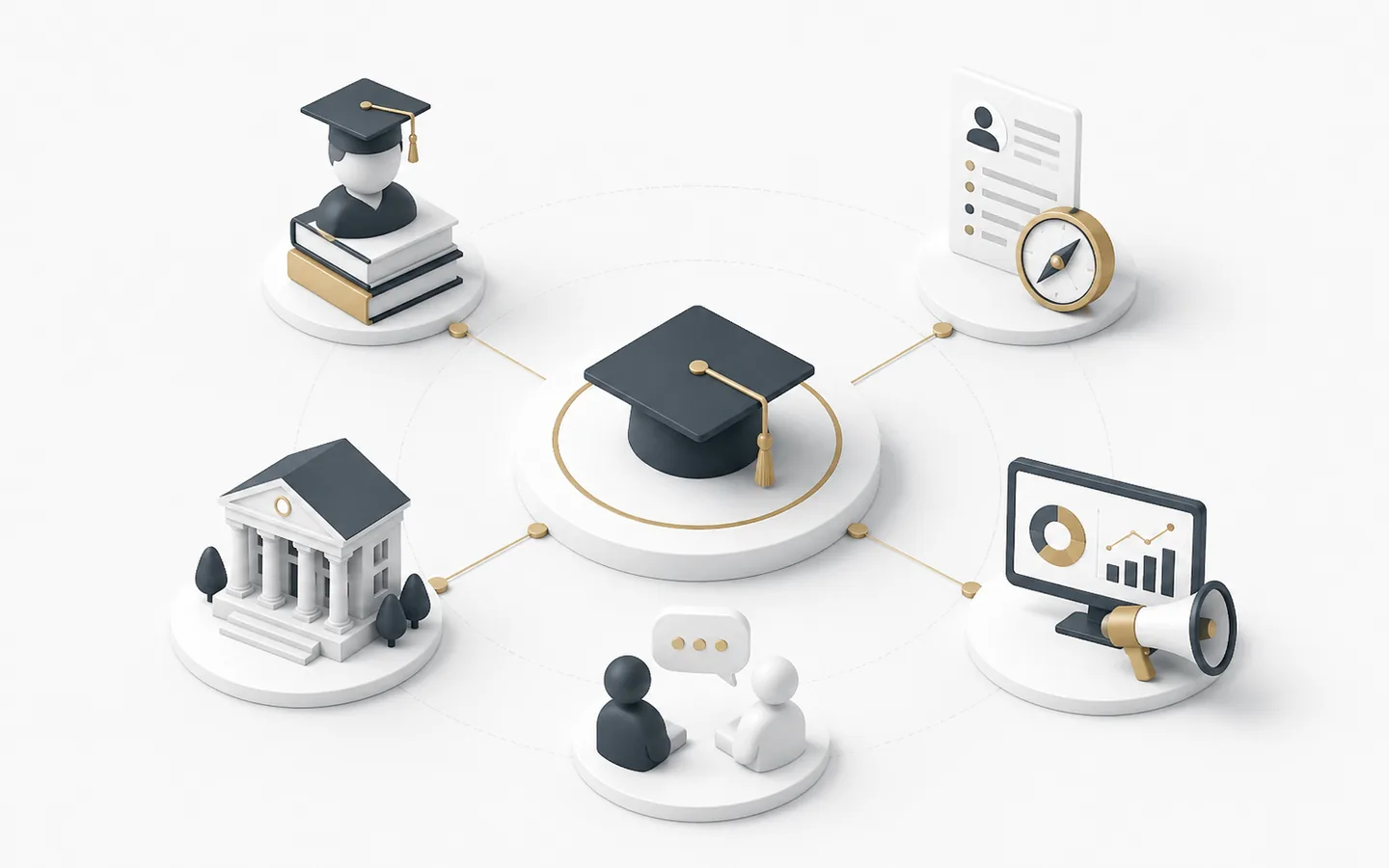 Graduation cap at the centre of a network linking a student, a resume, a university building, and an analytics and outreach display