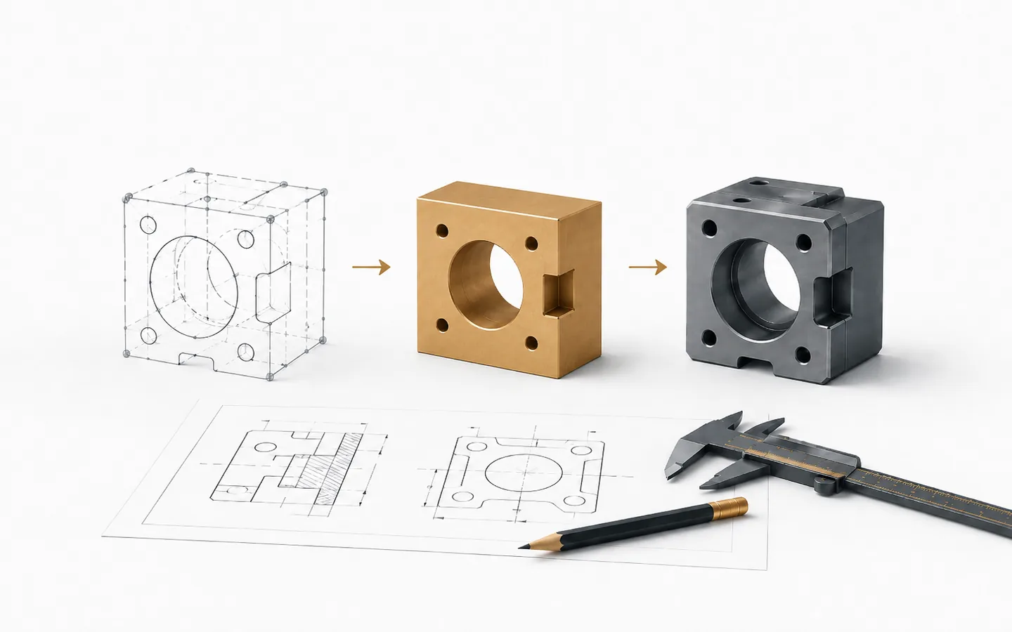 Design progression of a machined bracket: CAD wireframe, then a brass prototype, then the finished part, beside technical drawings, calipers and a pencil