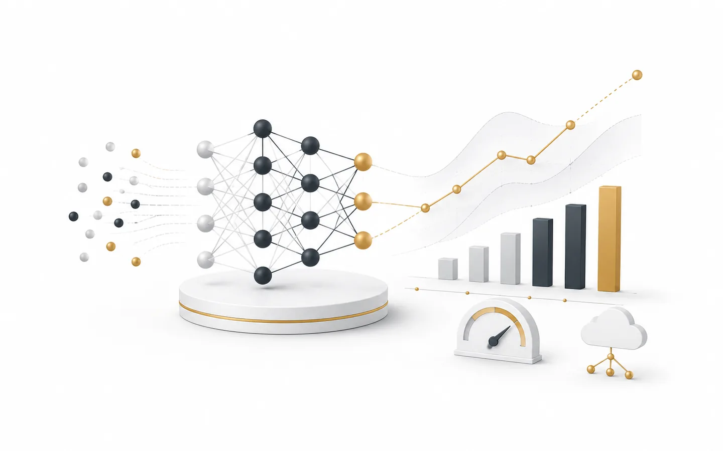 Neural network model feeding a rising trend line and bar chart, representing predictive analytics